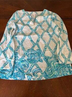 Lilly Pulitzer Aqua & White Chain-Link Print Tunic size small
